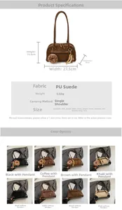 Detailed size chart and multi-color options for the vintage faux suede Boston shoulder bag