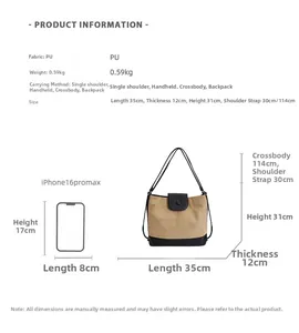 Size chart for women's large PU leather tote bag showing exact measurements and dimensions