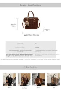 Detail showing dimensions and four color options for the frosted faux leather bucket bag