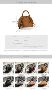 Infographic showing dimensions 24x16x9cm and material options for the Boston pillow bag