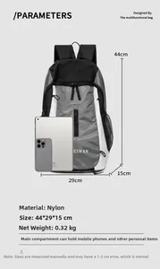 Size guide for nylon backpack showing 44cm height and 29cm width with iPad for scale