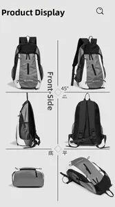 Detailed multi-angle views of grey plaid sports backpack with adjustable straps