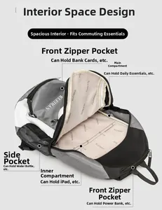 Detail view of large capacity sports backpack featuring multiple compartments and iPad sleeve