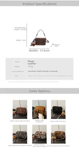 Detailed size and color guide for the leopard print suede crossbody bag with bear charm