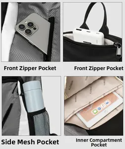 Detailed internal compartments and side mesh pocket of a grey sports travel backpack