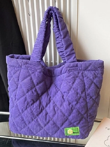 Large Capacity Quilted Corduroy Tote Bag For Women Korean Casual Argyle Shoulder Bag With Pleated Handle Chic Daily Handbag