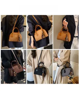 Detailed views of crossbody shell bag in multiple colors featuring wooden bead tassel detail