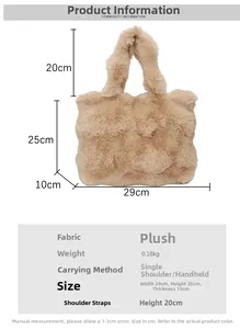Detailed dimensions of the plush shoulder bag with capacity and weight information