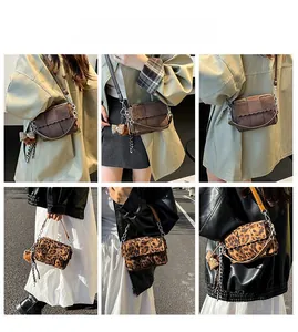 Detail showing brown suede and leopard print crossbody bags with chain straps