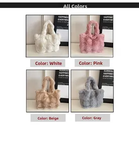 Detail view of plush tote bags in white, pink, mustard yellow, and grey faux fur textures