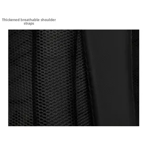 Detail of thickened shoulder straps and honeycomb breathable mesh on black backpack