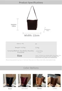 Size chart showing large and small PU leather bucket bag dimensions and measurements