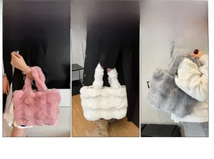 Three plush faux fur tote bags in pink, white, and grey with unique wavy textures