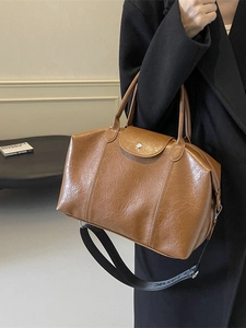 Caramel brown vintage PU leather Boston bag with printed wide strap for women