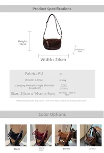 Detailed chart showing PU leather shoulder bag dimensions 24x14x9cm and four color options