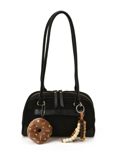 Minimalist black frosted retro shoulder bag with cute donut and bead pendants