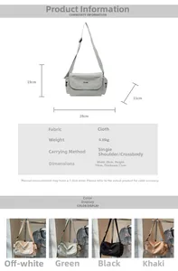 Detailed chart showing nylon crossbody bag dimensions 28x19x11cm and available color options