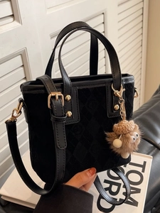 Women Vintage Frosted PU Leather Bucket Bag Retro Embossed Crossbody Handbag With Plush Monster Charm Elegant Everyday Tote