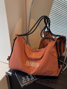 Brown checkerboard canvas hobo bag with fashion letter print and thick rope straps