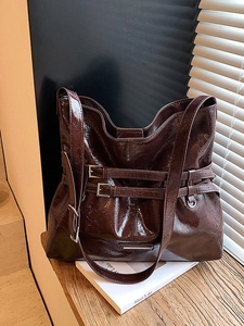 Borsa a Secchiello in Pelle PU Lucida Grande Capacità Borsa Tote Pieghettata Vintage Con Doppia Fibbia Borsa a Tracolla Donna