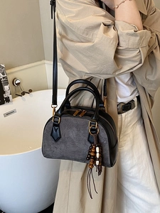 Vintage Boston pillow bag in grey suede and black leather with wooden bead charm