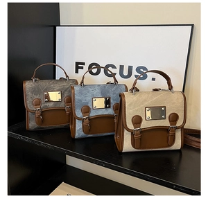 Three-color collage of canvas and leather crossbody bags with metal buckles on display