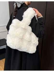 Plush white faux fur tote bag with large capacity and soft fluffy texture for women in winter