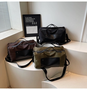 Waterproof nylon travel bags in black, brown, and green with adjustable straps