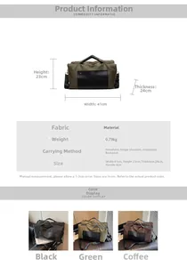 Detailed size chart for the large canvas travel bag showing dimensions and carrying options