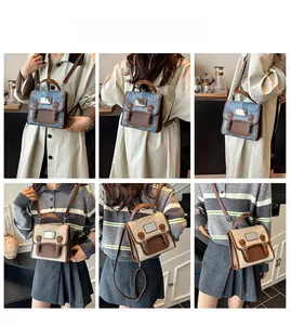 Detailed multi-angle collage of vintage denim and woven backpacks worn by a female model