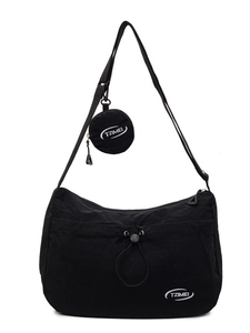 Borsa a tracolla in tela nera con tasca a coulisse e mini portamonete staccabile