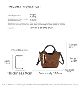 Sac seau en daim marron dimensions 23x9x15cm avec iPhone 16 Pro Max pour échelle