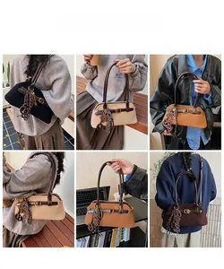 Detailed model views of vintage frosted shoulder bags in four classic autumn colors