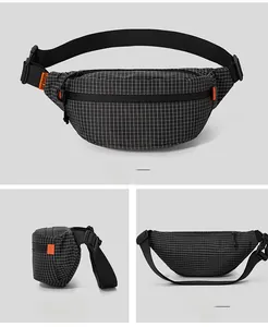 Vorder-, Seiten- und Rückansicht einer leichten schwarz karierten Brusttasche für Sportler