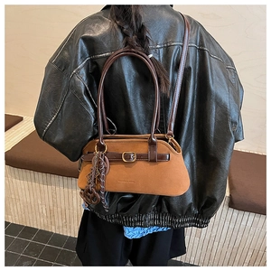 Retro brown matte suede handbag with dual leather handles and gold buckle detail