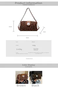 Detailed size specifications for leopard print handbag with silver chain and velvet fabric
