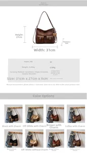 Detailed size chart and specifications for the retro PU leather underarm tote bag