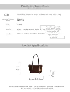 Size chart for suede tote bag showing dimensions 33x8x17cm and internal capacity