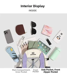 Flat lay of outdoor backpack showing multiple storage compartments with daily essentials