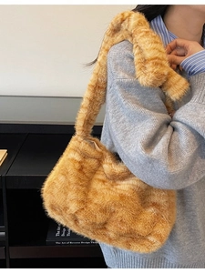 Ginger yellow faux fur plush tote bag with wide shoulder strap for autumn casual style