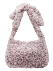 Chic pink and grey leopard print faux fur tote bag with soft texture and wide strap