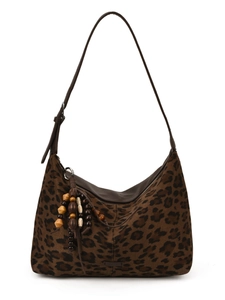 Brown leopard print hobo shoulder bag with bohemian wood bead tassel charm detail