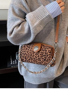 Chic leopard print crossbody bag with brown leather flap and silver engraved button buckle