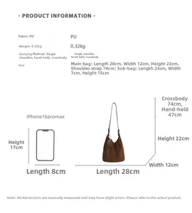 Size chart for brown matte PU leather bucket bag with inner pouch and dimensions