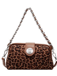 Leopard print crossbody bag with silver chain handle and vintage metal horse buckle
