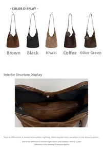 Detail of hobo bucket bag inner compartment and multi-color matte suede texture options
