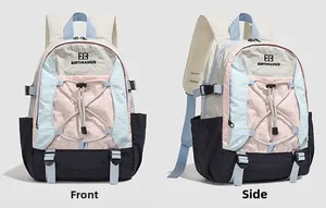 Front and side views of a multi-color outdoor hiking backpack with bungee storage cords