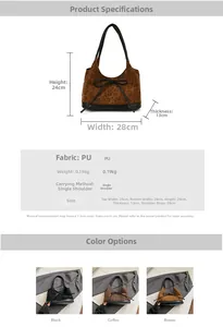 Detailed size specifications and material chart for leopard print suede tote bag