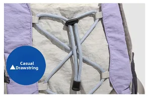 Detail of casual light purple nylon backpack with adjustable blue drawstring cord
