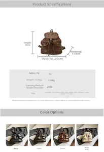 Detailed size specifications and material chart for the vintage PU leather backpack